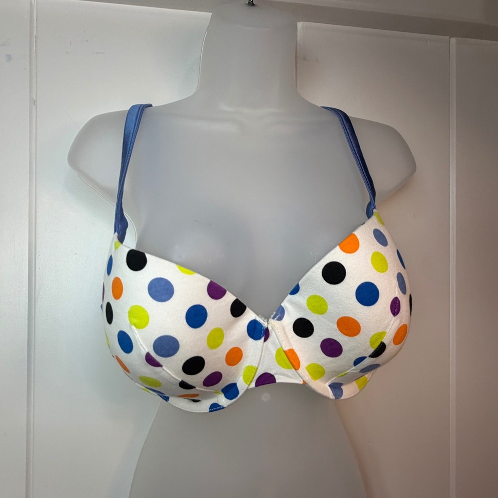 Cacique White Multicolor Polkadots Wire Bra 42C Light Padding Colorful Girlcore